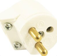 Vit stickpropp med två kontaktstift och en anslutning för skyddsjord, fotograferad på nära håll.