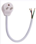 Bild av vit stickpropp med tre exponerade trådar i änden av en kort kabel; avsedd för anslutning till lampa.