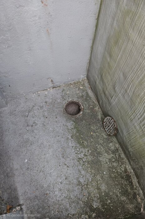 Källartrappans hörn med spygatt synligt utan sil, betonggolv med mossa och väggar.