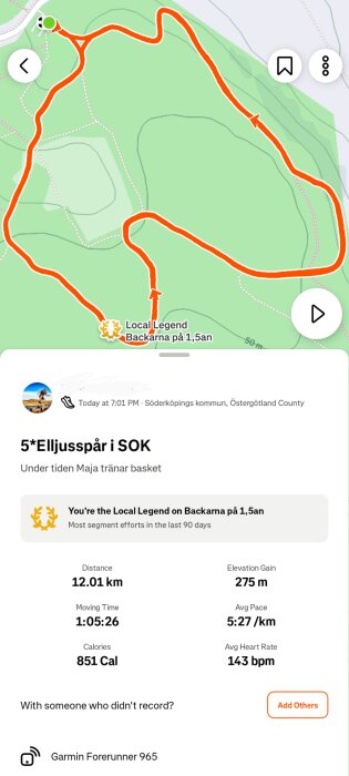 Karta över ett löparspår i Söderköping, 12,01 km lång med 275 meter höjdökning, gjord med en Garmin Forerunner 965.