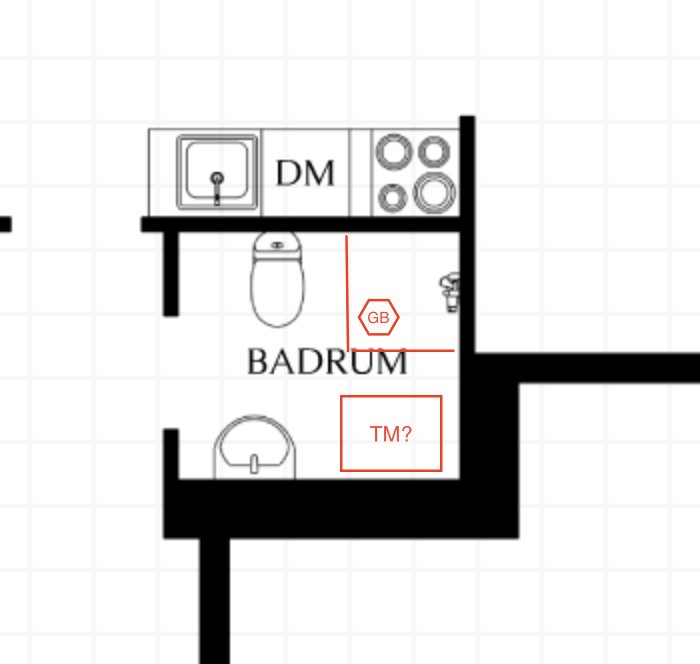 Planritning av badrum med plats för eventuell tvättmaskin markerad samt duschväggar och golvbrunn i rött.