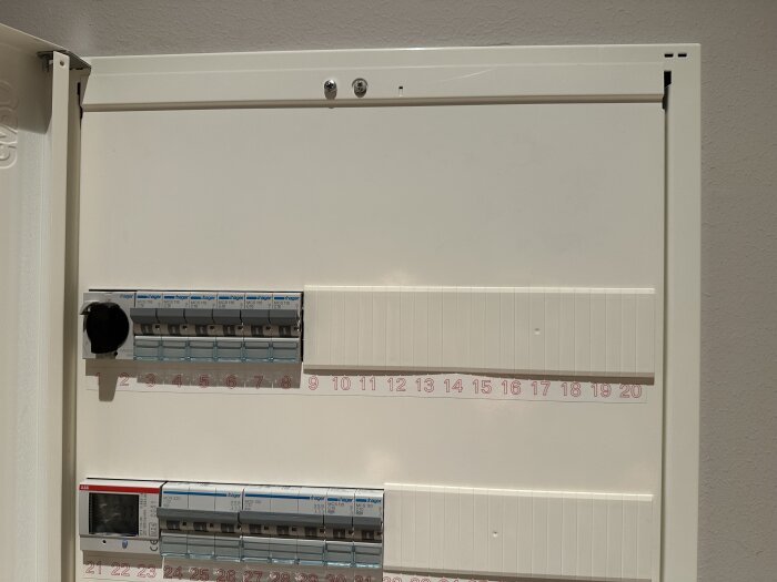 Elcentral med automatsäkringar, ett installerat vägguttag och utrymme för fler komponenter.