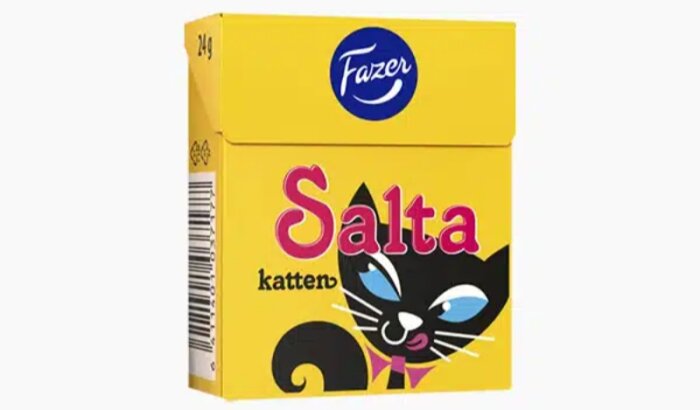 En gul förpackning med texten "Salta katten" och en tecknad svart katt.