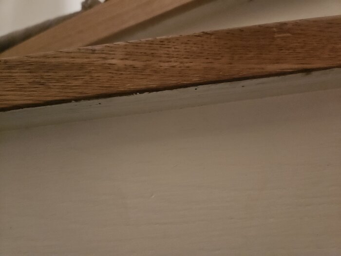 Närbild av en trappnos i ek som överhänger något nedanför stapeln, med en målad vit yta under.