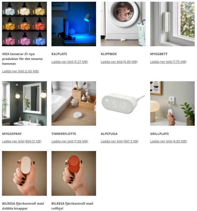 En samling av IKEA:s smarta hem-produkter inklusive ljuskällor, sensorer, och fjärrkontroller.
