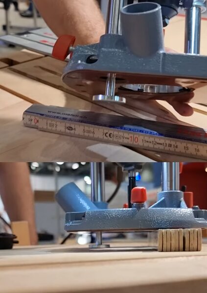 Rund silverfärgad del under en fräs, med en linjal för mätning. Fräsen är inställd på ett trästycke för att förhindra lutning och ojämn fräsning.