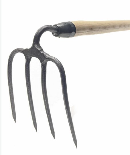 Potatishacka med fyra spetsiga, metalliska tänder och ett trähandtag, användbar för att lossa packat väggrus och unduleringar.