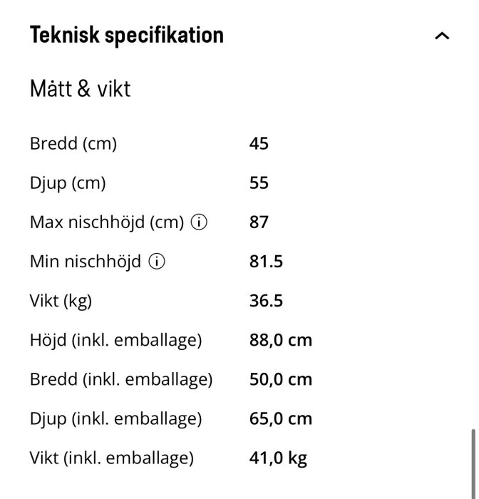 Epoq diskmaskin teknisk specifikation: bredd 45 cm, djup 55 cm, max nischhöjd 87 cm, vikt 36.5 kg, höjd inkl. emballage 88 cm, bredd inkl. emballage 50 cm.