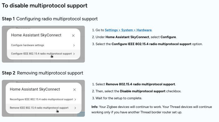 Instruktioner för att inaktivera multiprotokollstöd i Home Assistant SkyConnect, med steg-för-steg-anvisningar och skärmbilder.