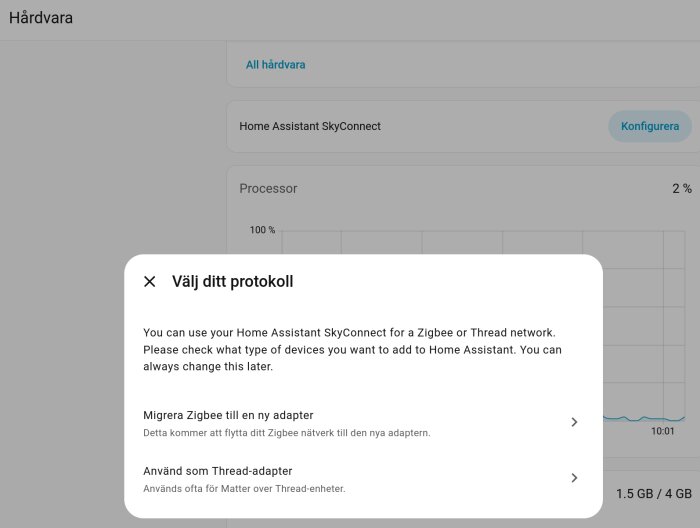 Välj ditt protokoll-fönster i Home Assistant SkyConnect med alternativen: Migrera Zigbee och Använd som Thread-adapter.