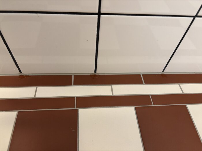 Vattenansamling på golvplattor i ett nyrenoverat badrum, delvis våta vid fogarna nära väggen.