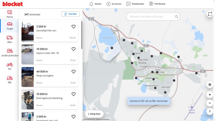 Blocket-annonskarta med objekt till salu i Kiruna: samisk slöjd, trailer, Respo släpvagn, finsk lapphundvalp, snowboardutrustning.