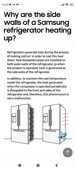 Illustration av kylskåp med pilar som visar värmegenomgång i sidoväggar, med fokus på värmedistributionsrör inuti skalet.