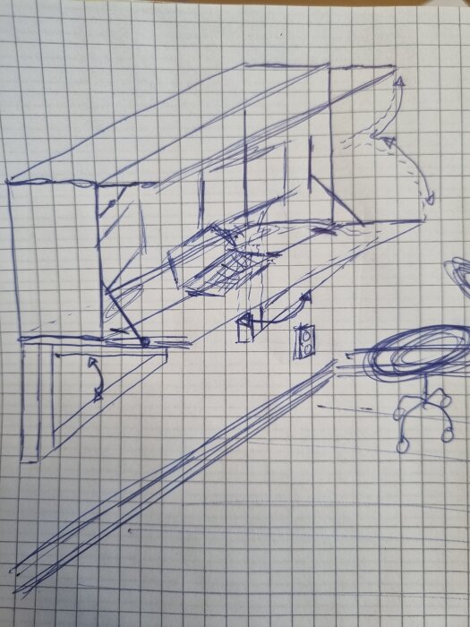 Skiss på en hylla med en fällbar skrivbordsdel, möjligen baserad på Bestå-konstruktion.