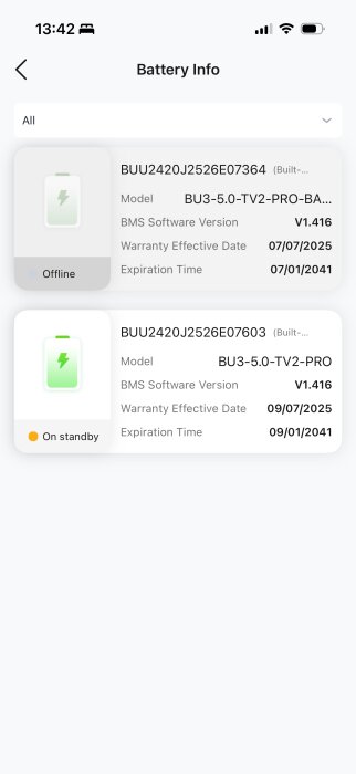 Skärmdump av batteriinformation för BU3-5.0-TV2-PRO med statusangivelser "Offline" och "On standby" samt BMS Software Version V1.416.