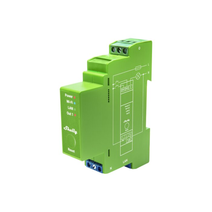 Grön Shelly Dimmer Pro enhet monterbar på DIN-skena, med indikatorlampor och anslutningsdiagram på sidan.