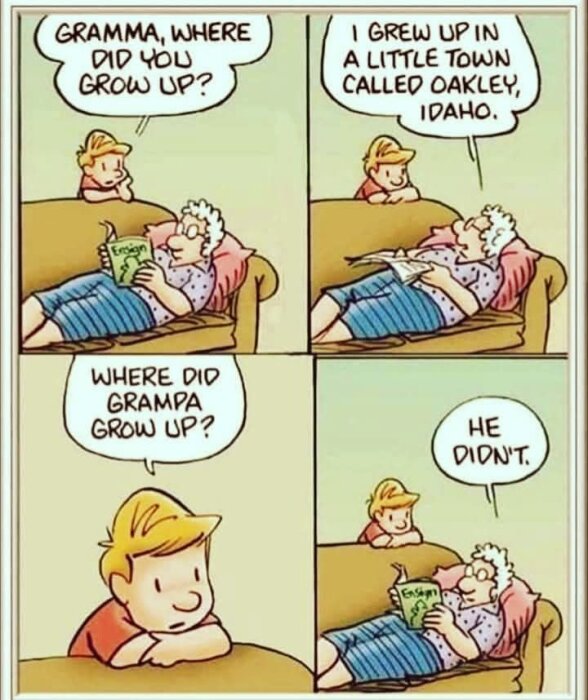 Serieteckning av ett barn som pratar med sin mormor om var hon och morfar växte upp. Mormorn svarar med en skämtsam kommentar om morfar.