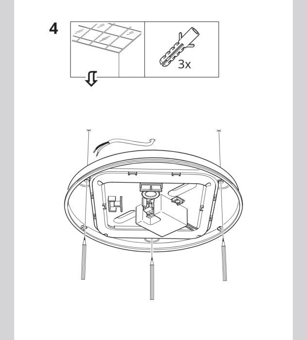 Instruktion för montering av taklampa med infästning och kablar synliga, visar steg och nödvändiga delar.