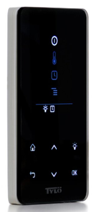 Tylö H1 manöverpanel för bastuaggregat, med ikoner och touchknappar inklusive en sliten OK-knapp, modell från 2011.