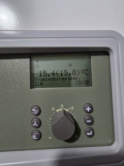 Temperaturdisplay som visar framledningstemperatur på 15,4 grader Celsius med inställt värde på 15,0 grader, tid 15:30.
