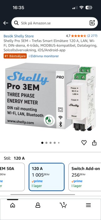 Shelly Pro 3EM trefas energimätare med Wi-Fi och LAN på en produktbild från Amazon.se, stil 120 A, pris 1 005 kr.