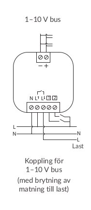 Inkopplingsschema för 1-10 V bus med brytning av matning till last, relaterat till Plejd-produkt CTR-01.