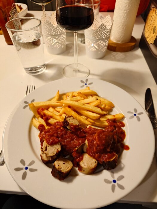En tallrik med currywurst och pommes frites, serverad med hemgjord sås. I bakgrunden finns ett glas rödvin och ett vattenglas.