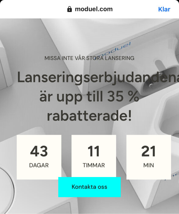 Nedräkning på moduel.com hemsida med lanseringserbjudande upp till 35% rabatt och kontaktknapp, visar 43 dagar, 11 timmar, 21 minuter kvar.