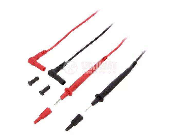 Mätprober i rött och svart med avtagbara skydd, exponerar metallspetsar.