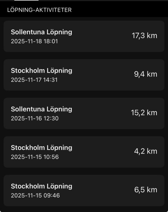 Löpningsaktiviteter i Sollentuna och Stockholm mellan 15-18 nov 2025, distanser från 4,2 km till 17,3 km.