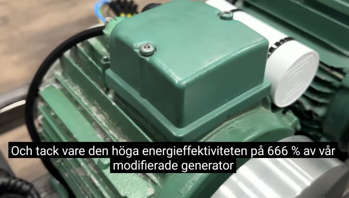 Grön motor med text om 666% energieffektivitet på modifierad generator.