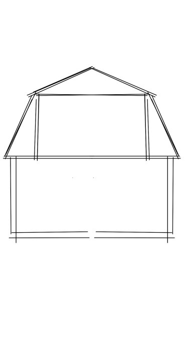 Ritning av takkonstruktion med kupa, utan kattvindar, visar böjd hanbjälke och dess påverkan på takets stabilitet.