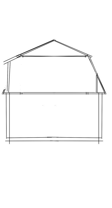 En ritning av ett hus med takbalkar, visar ursprungligt tak med bjälkar där hanbjälken böjt sig.