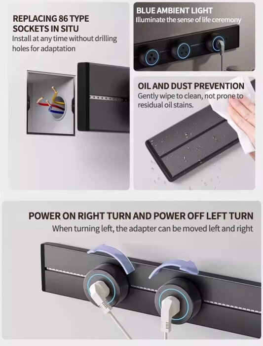 Bilden visar en installationspanel med uttag, LED-ljus och funktioner för oljeförebyggande. Kabeldosa visas i process för enkel montering.