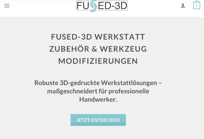 FUSED-3D webshop för robusta 3D-printade verktygslösningar anpassade för professionella hantverkare, med en knapp för att upptäcka mer.