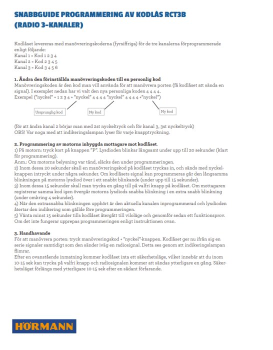 Instruktionssida för att programmera kodlås Hörmann RCT3B, visar steg och diagram för att ändra manövreringskod.