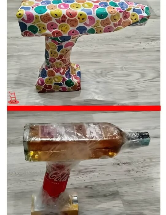 En flaska och burk formade som en borrmaskin, inslagen i emoji-presentpapper och plastfolie, som ett kreativt presentinslagningstips.