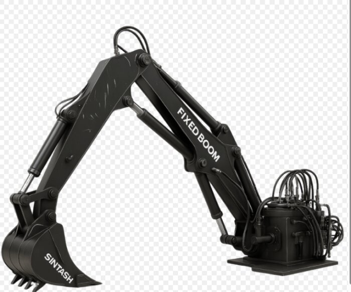 Svart grävmaskinsarm med texten "FIXED BOOM", hydraulik och kabeldragning synlig, mot genomskinlig bakgrund.
