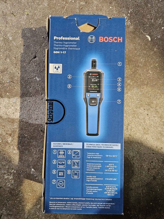 Förpackning för Bosch Professionell termo-hygrometer GDH 1-17, med specifikationer och funktioner.