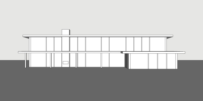 Byggnadsritning av modern villa, framifrån, med platt tak och stora glaspartier.