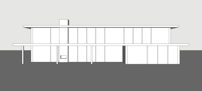 Diagram av en modern byggnad med enkla linjer och platt tak.