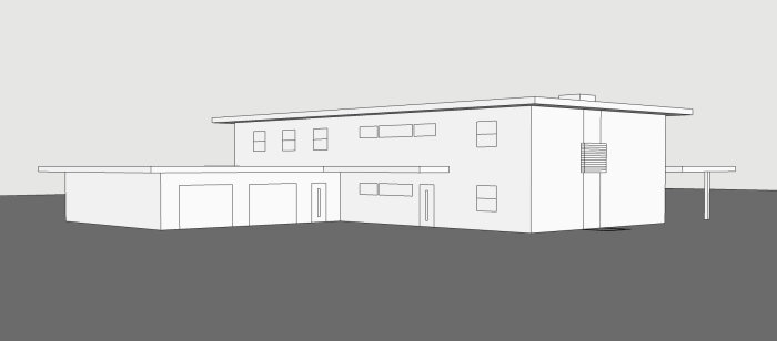 3D-ritning av ett modernt hus med flackt tak, stora fönster och en integrerad garagebyggnad.