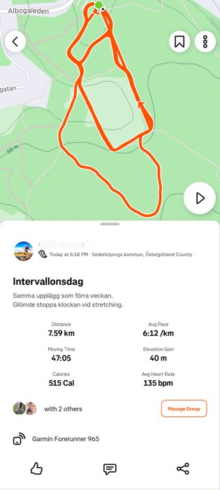 Karta över löprutt vid Albogaleden med stats: 7,59 km, 47:05 min, 515 cal, 135 bpm. Användare i Söderköpings kommun, Garmin Forerunner 965.