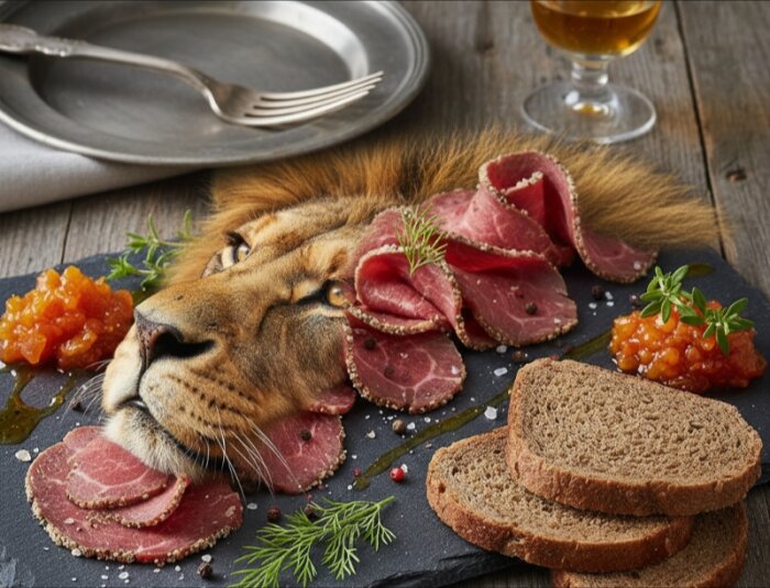 En lejonhuvudgarnityr med skivor av rostbiff, brödskivor och marmelad arrangerade på en svart skärbräda.