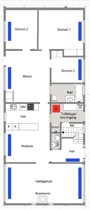 Planskiss av ett hus med rum märkta kök, matplats, vardagsrum, sovrum, badrum och tvättstuga. Blå streck markerar radiatorernas placering.