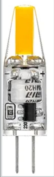 LED-lampa med sockel G4, genomskinlig kropp med gul LED-panel och två stift i botten.