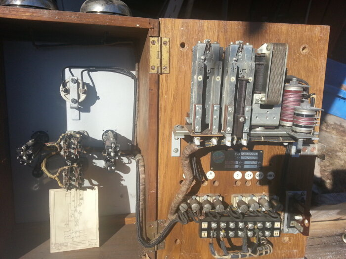Brandlarmscentral från 1941 med mekaniska delar och ledningar, avsedd för att trigga larmklockor via Home Assistant.