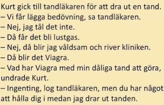 Text om Kurt som diskuterar smärtlindring hos tandläkaren, med en humoristisk twist med Viagra.
