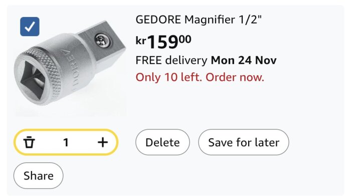 Gedore Magnifier 1/2-tums verktyg finns i en digital varukorg, pris 159 kr, med gratis leverans den 24 november. Endast 10 kvar i lager.