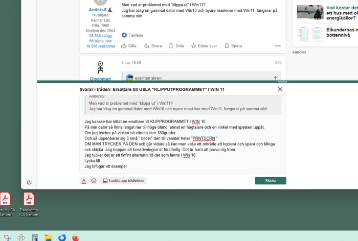 Skärmbild av diskussionsforumtråd om ersättning för klippprogrammet i Windows 11, med textbeskrivning av alternativ funktion för skärmdumpar.